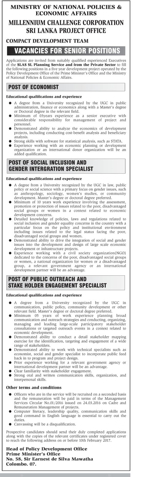 Economist, Social Inclusion & Gender Integration Specialist, Public Outreach & Stake Holder Engagement Specialist - Ministry of National Policies & Economic Affairs